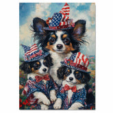 Patriotic Papillon Dogs in American Flag Hats and Suits Celebrating Independence Day with Fireworks and Flowers on Ready to Hang 1.5" Thick Canvas Wrap, Floating Framed Canvas, Flat Rolled Canvas